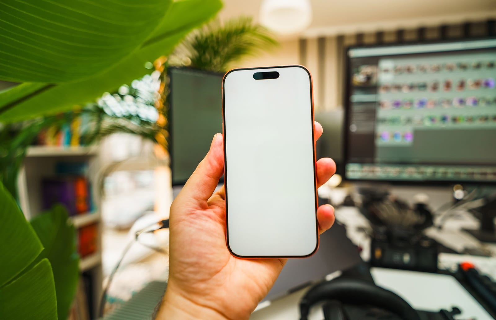 Hand holding a smartphone above a desk in a bright office